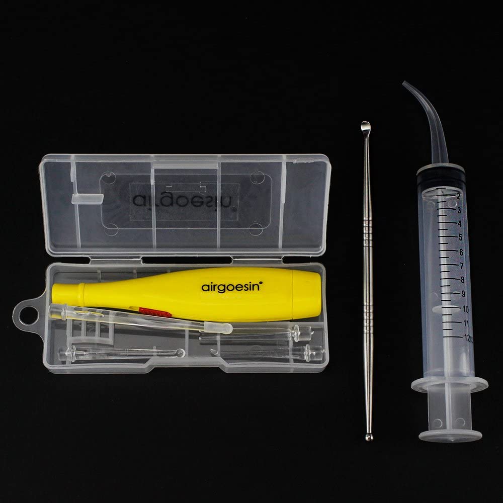 Airgoesin Lighted Tonsil Stone Removing Tool, 5 Tips, Box + 1 Stainless Steel Tonsillolith Pick + 1 Irrigation Syringe Gift