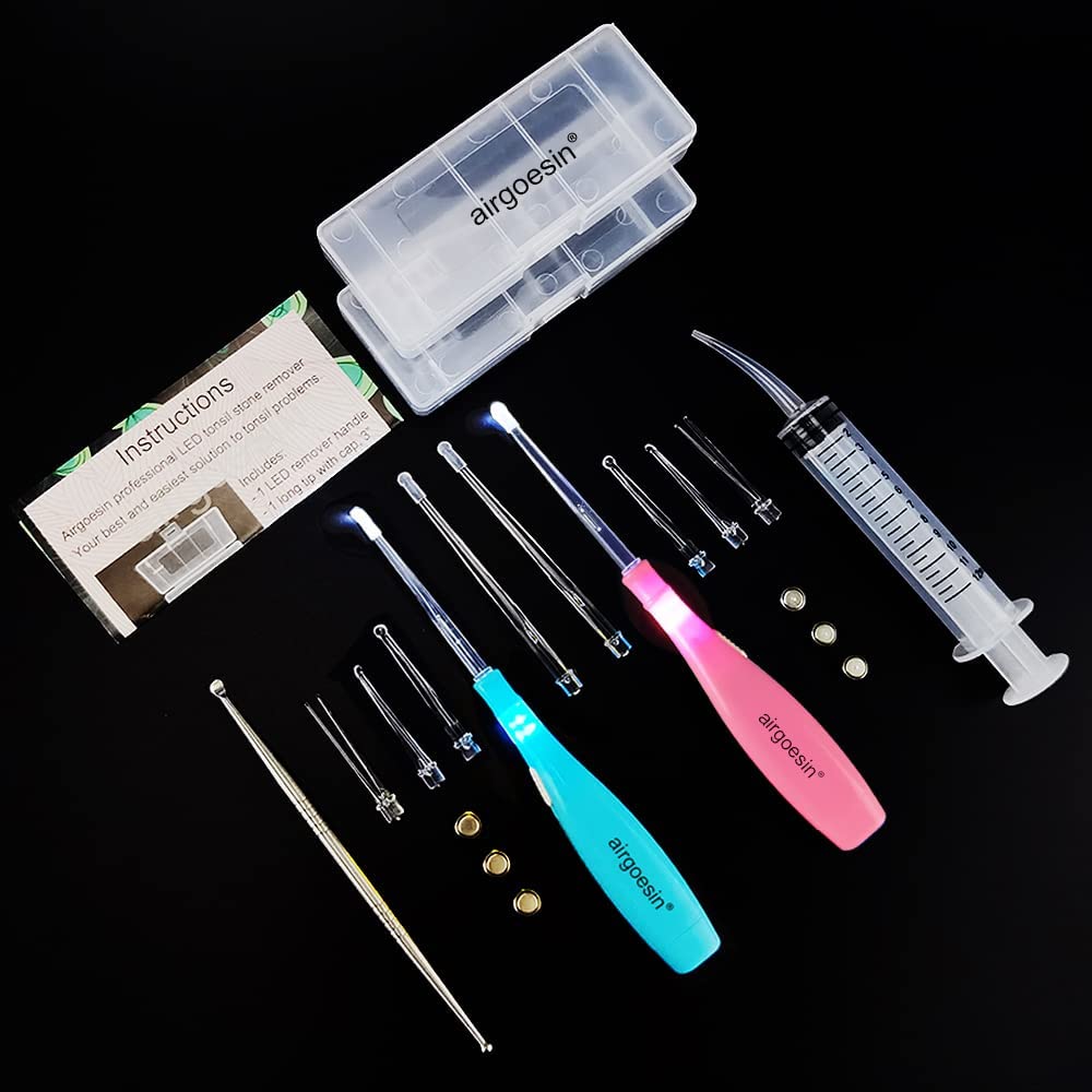 Airgoesin Longer Tips 2 Sets Tonsil Stone Remover Kit w/LED Tool, Irrigation Syringe & Stainless Tonsil Pick