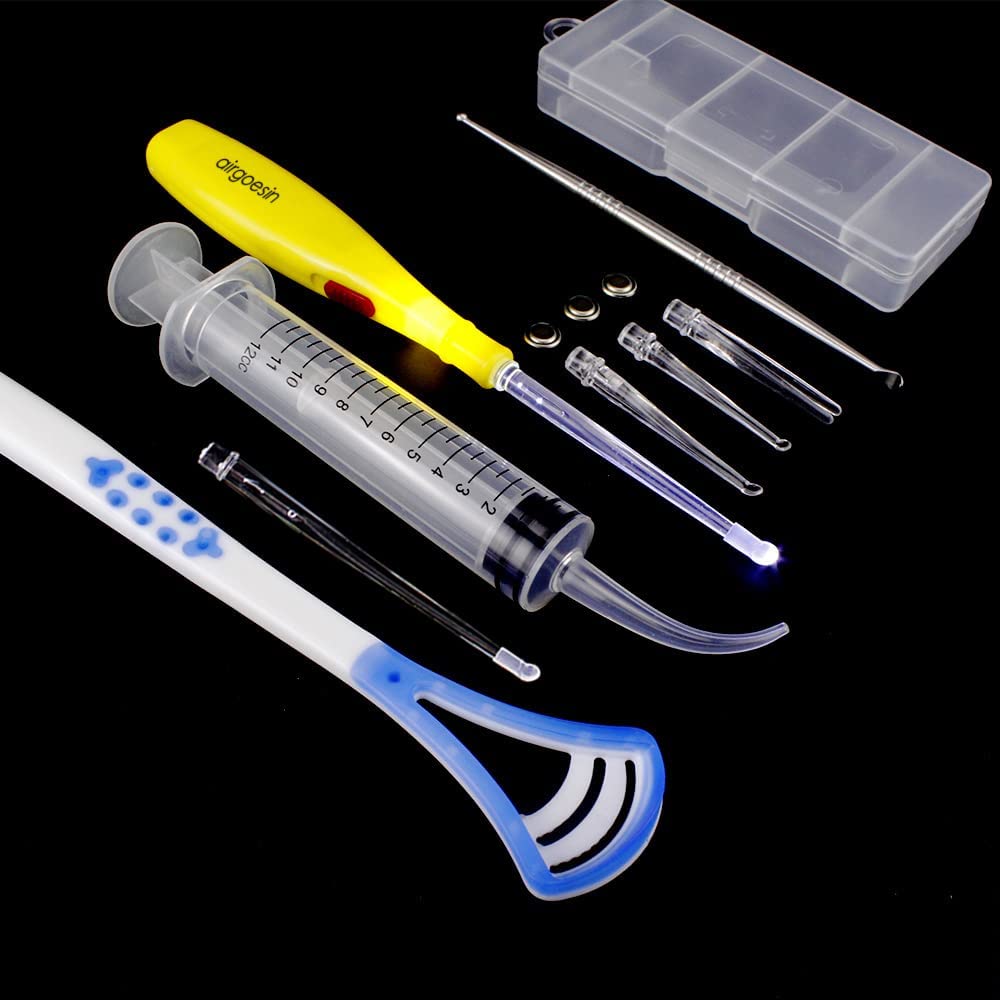 Airgoesin Professional Tonsil Stone Remover Tool LED Light | Stainless Steel Tonsillolith Pick Oral Care | Irrigation Syringe | Tongue Cleaner Scraper