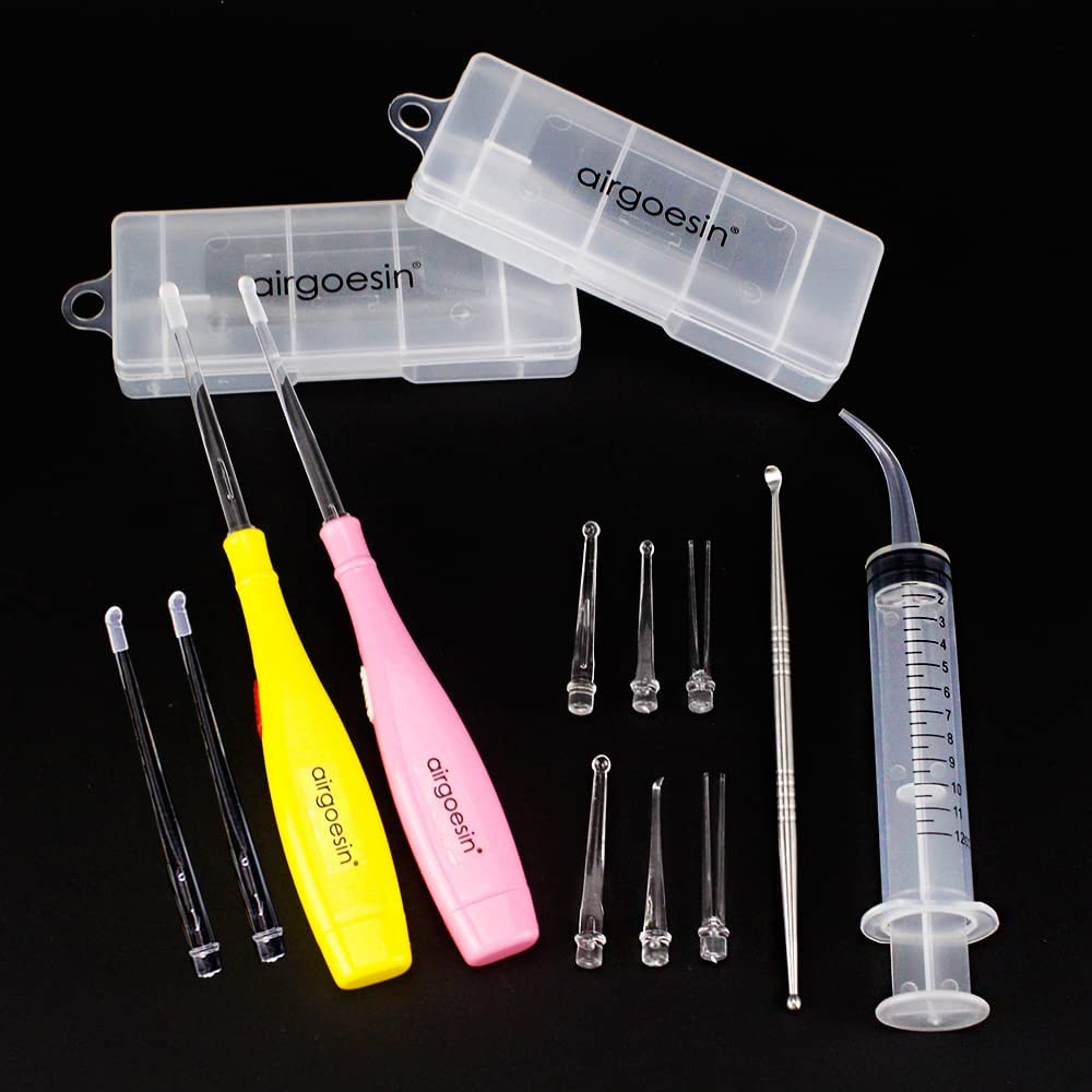 Airgoesin 2 Sets Flashlight Tonsil Stone Removing Tool, with Box + 1 Stainless Steel Tonsillolith Pick + 1 Irrigation Syringe