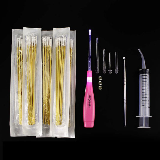 Airgoesin Tonsil Stone Removal Set: 1 Stainless Steel Tonsil Stone Removal Tool, 1 Longer Tonsillolith Exorcism Kit Flashlight, 50 Swabs and 1 Curved Irrigator Syringe to Get Rid of Bad Breath