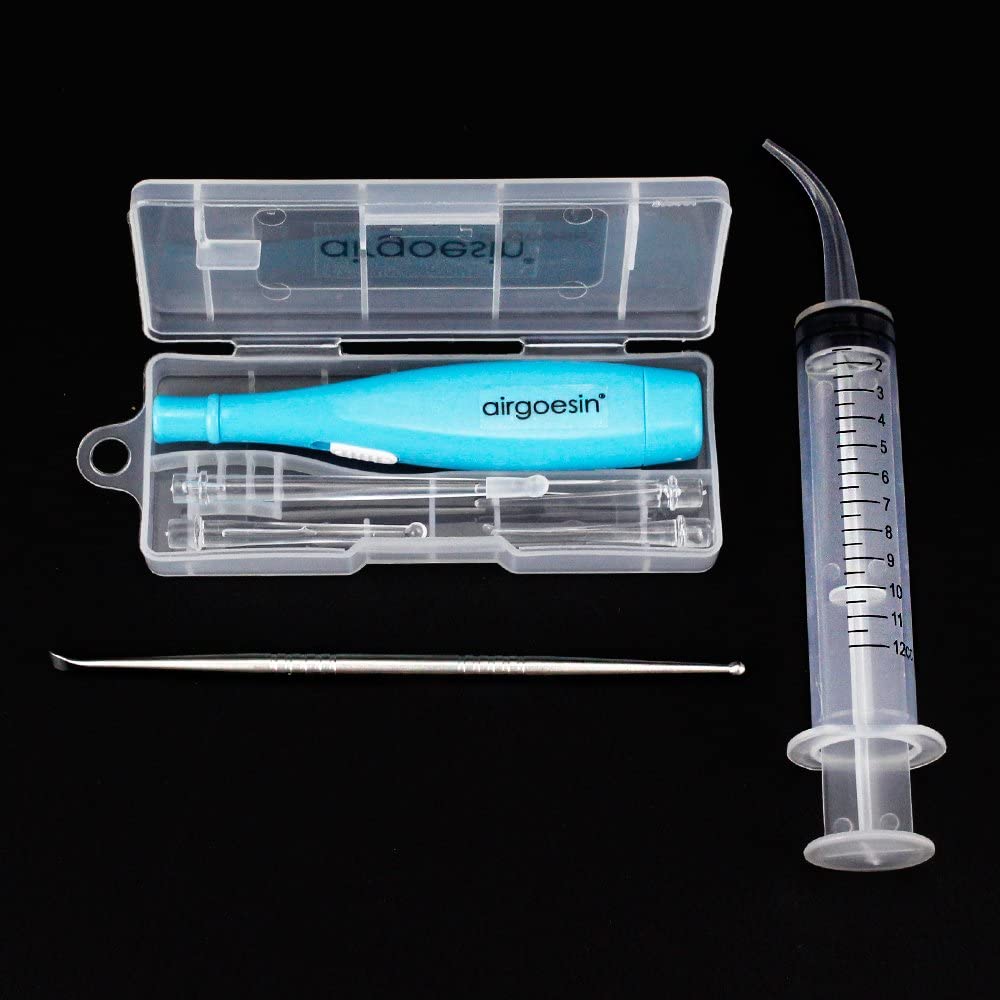 Airgoesin New Version Lighted Tonsil Stone Removing Tool, 5 Tips, Case + 1 Stainless Steel Tonsillolith Pick + 1 Irrigation Syringe Curved Tip Oral Rinse