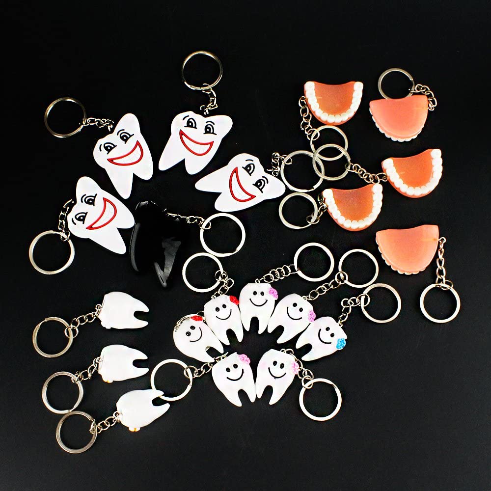 Airgoesin 20pcs Keychain Key Ring Hang Tooth Smile Shape Dental Clinic Gift Christmas Holiday Charms for Kids Birthday Party Favors & School Carnival Prizes