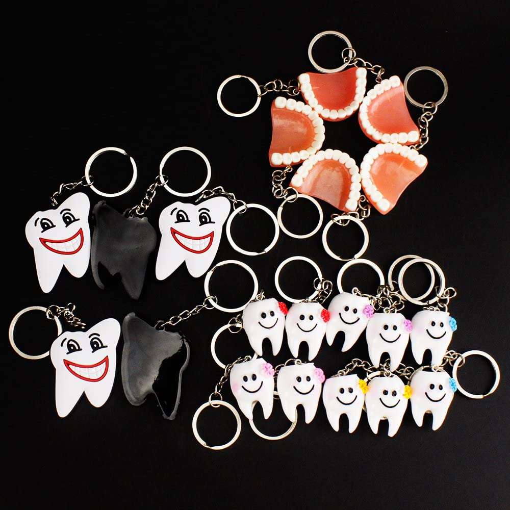 Airgoesin 20pcs Keychain Key Ring Hang Tooth Smile Shape Dental Clinic Gift Christmas Holiday Charms for Kids Birthday Party Favors & School Carnival Prizes