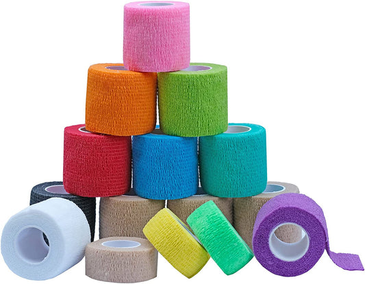 15PCS Self Adhesive Bandage Wrap, Vet Wrap for dogs, Cohesive Bandages 2 inch, First Aid Tape, Self Adhering Bandage Wrap, Athletic Tape Self Adhesive(12pcs 2''x 5 Yards + 3pcs 1'' x 5 Yards)
